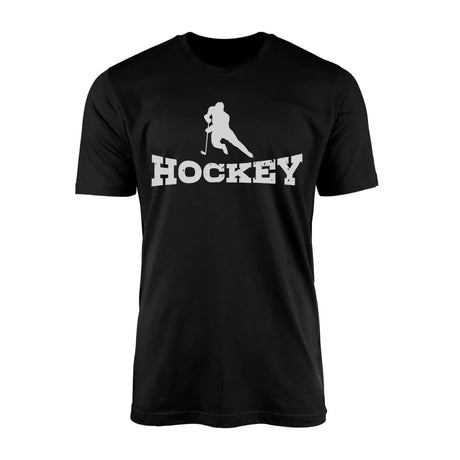 basic hockey with hockey player icon on a mens t-shirt with a white graphic