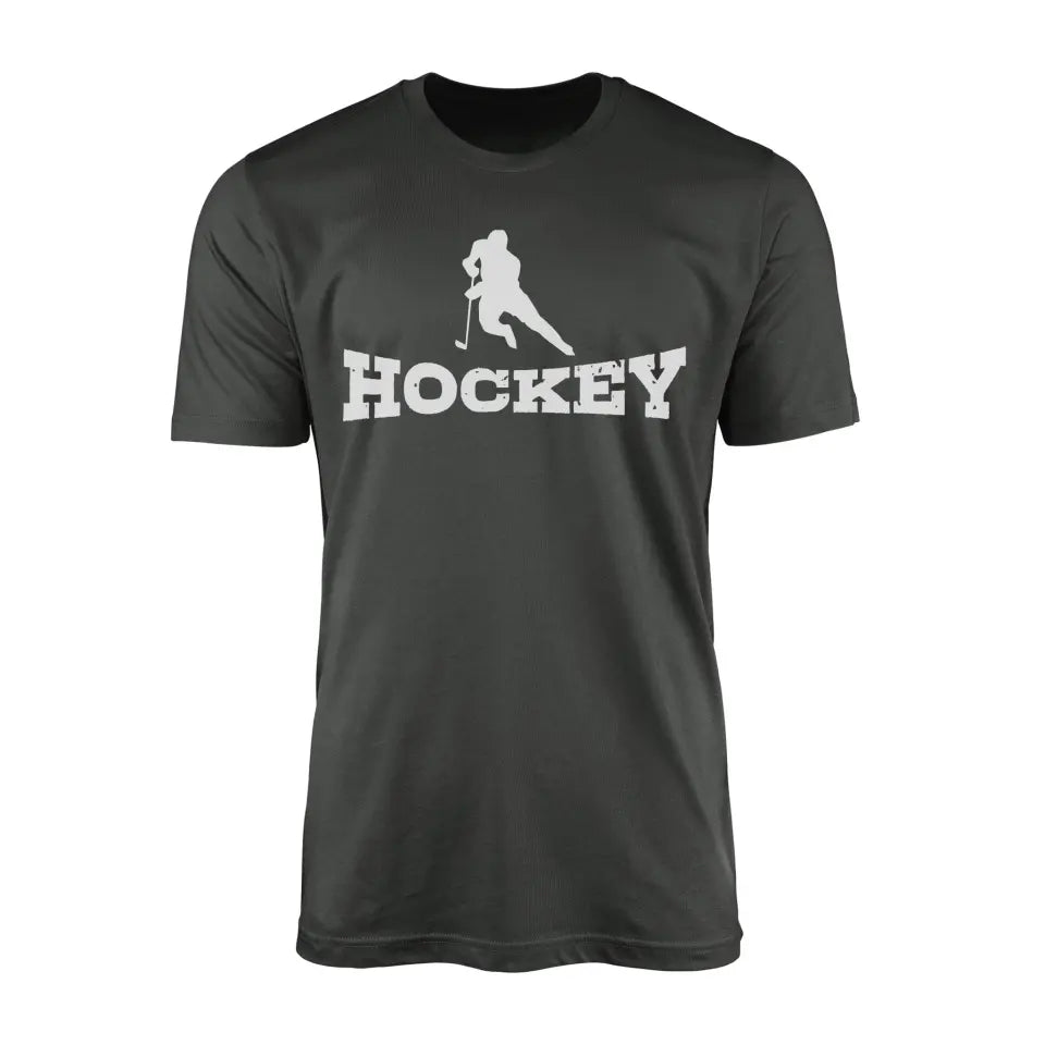 basic hockey with hockey player icon on a mens t-shirt with a white graphic