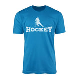 basic hockey with hockey player icon on a mens t-shirt with a white graphic