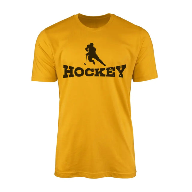 basic hockey with hockey player icon on a mens t-shirt with a black graphic