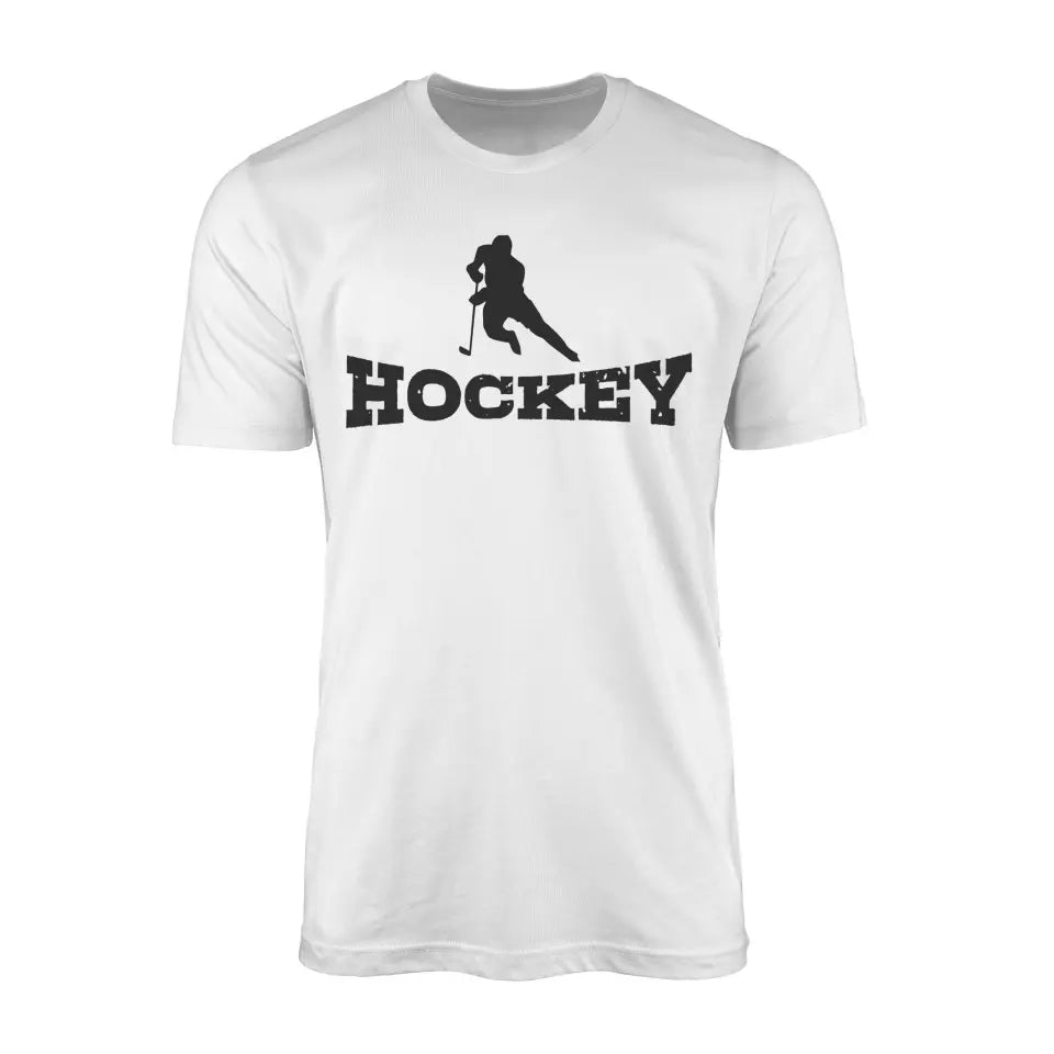 basic hockey with hockey player icon on a mens t-shirt with a black graphic