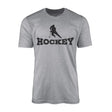 basic hockey with hockey player icon on a mens t-shirt with a black graphic