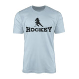 basic hockey with hockey player icon on a mens t-shirt with a black graphic