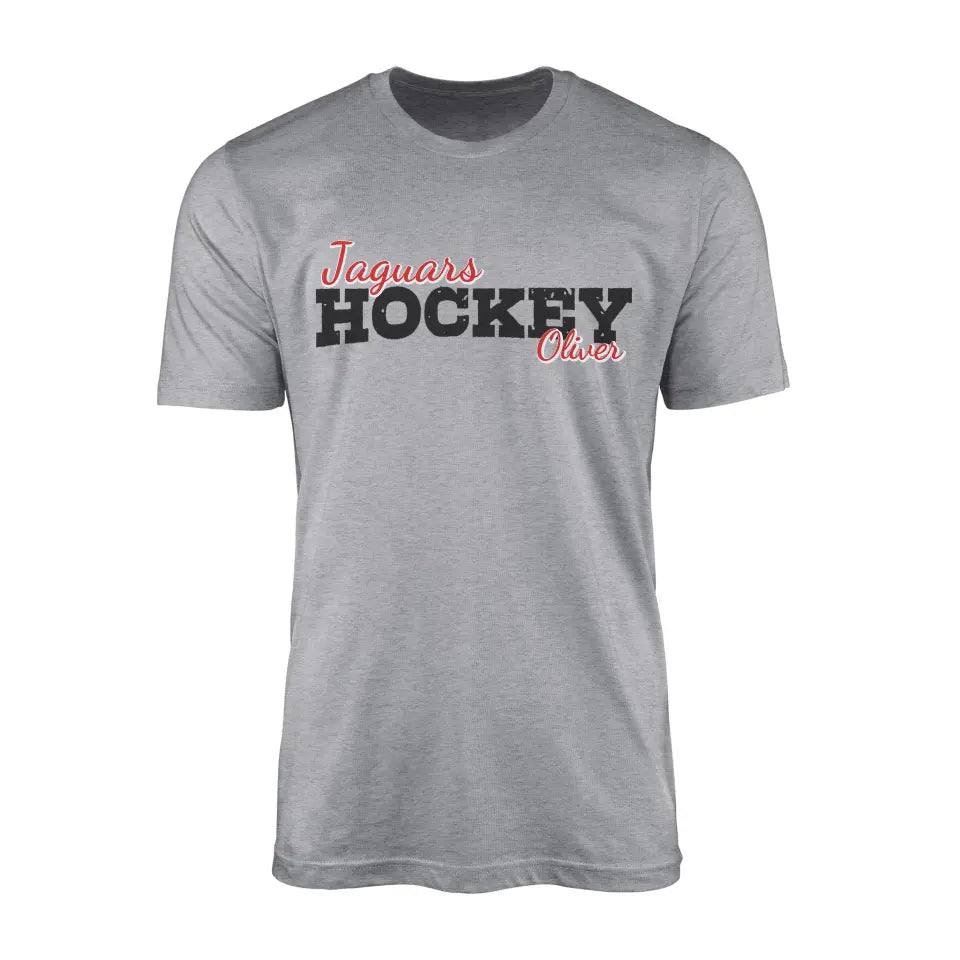 custom hockey mascot and hockey player name on a mens t-shirt with a black graphic