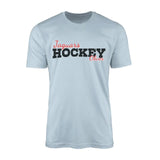 custom hockey mascot and hockey player name on a mens t-shirt with a black graphic