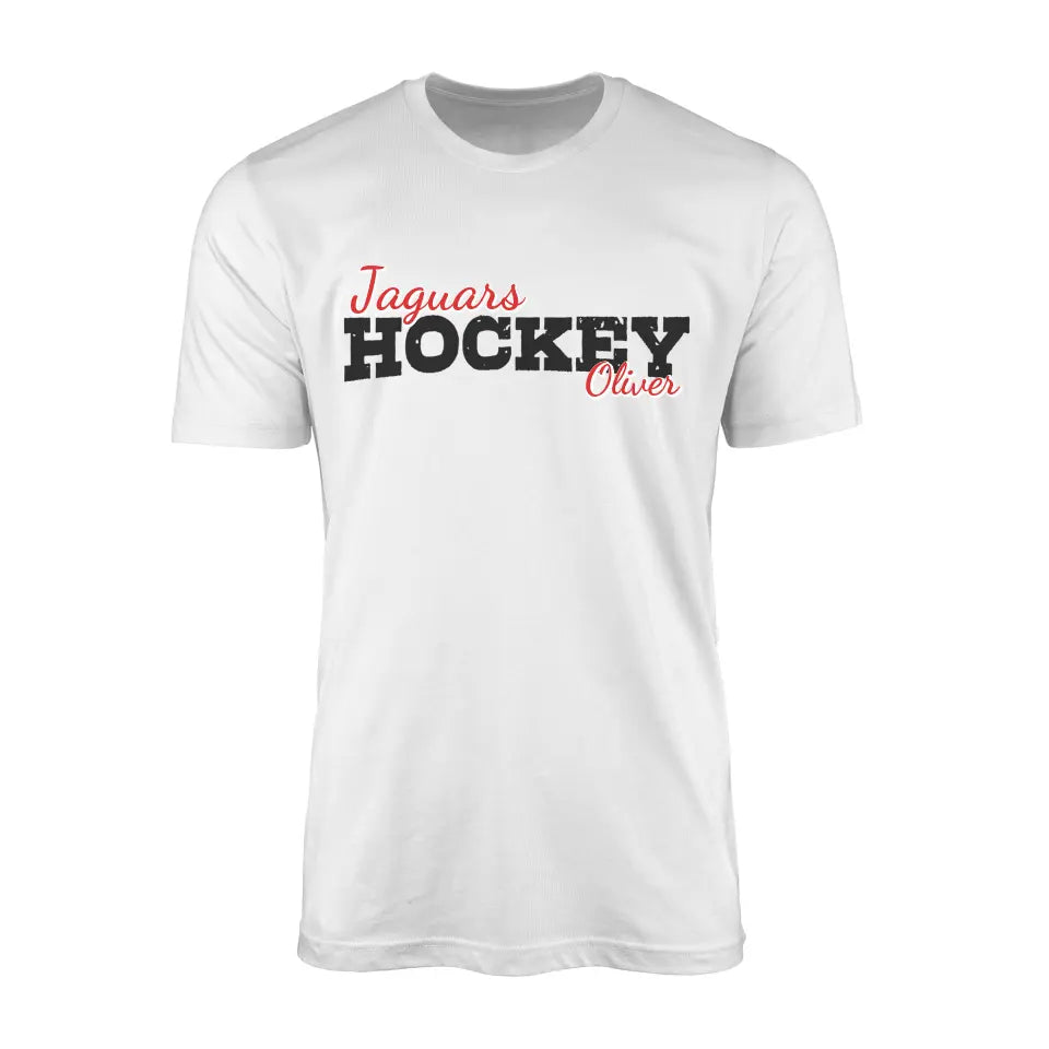 custom hockey mascot and hockey player name on a mens t-shirt with a black graphic