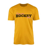 custom hockey mascot and hockey player name on a mens t-shirt with a black graphic