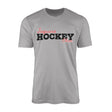 custom hockey mascot and hockey player name on a mens t-shirt with a black graphic