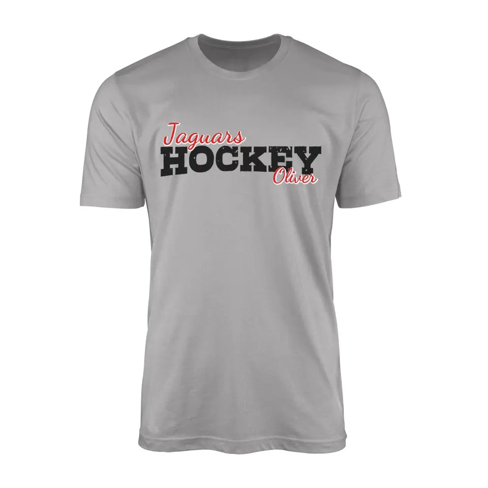 custom hockey mascot and hockey player name on a mens t-shirt with a black graphic