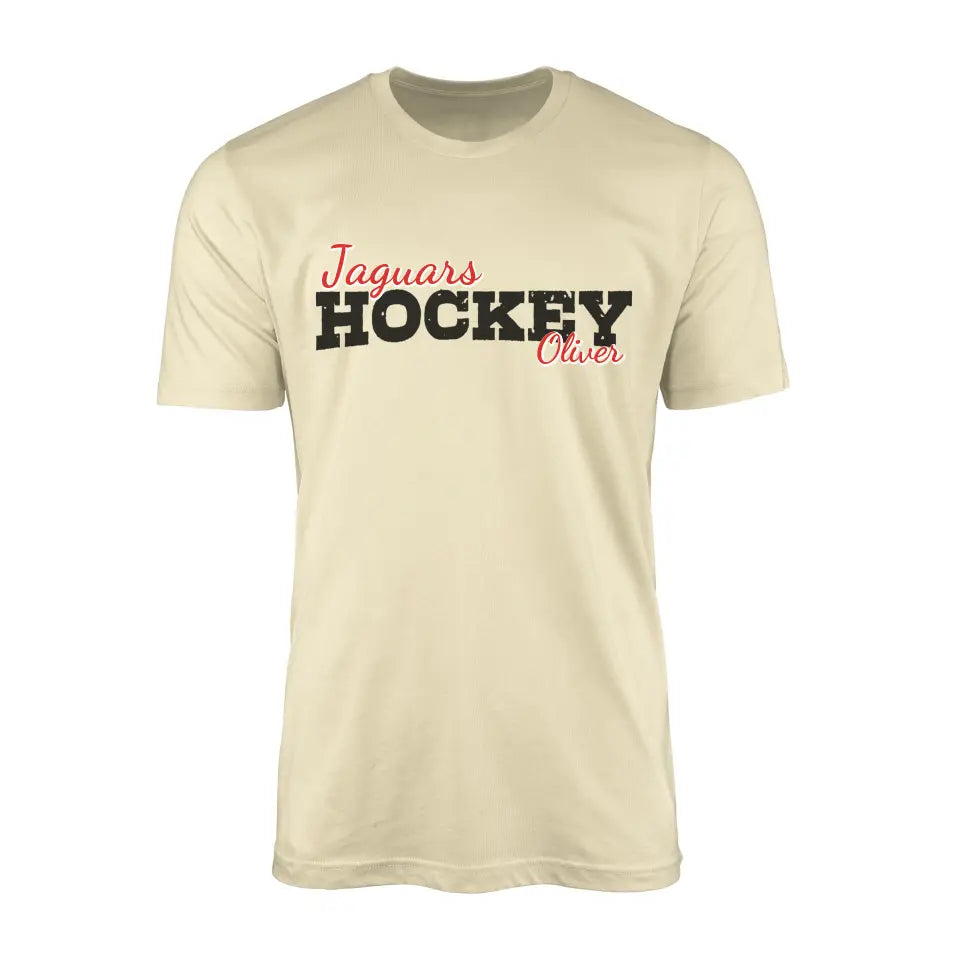 custom hockey mascot and hockey player name on a mens t-shirt with a black graphic