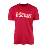 custom hockey mascot and hockey player name on a mens t-shirt with a white graphic