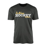 custom hockey mascot and hockey player name on a mens t-shirt with a white graphic