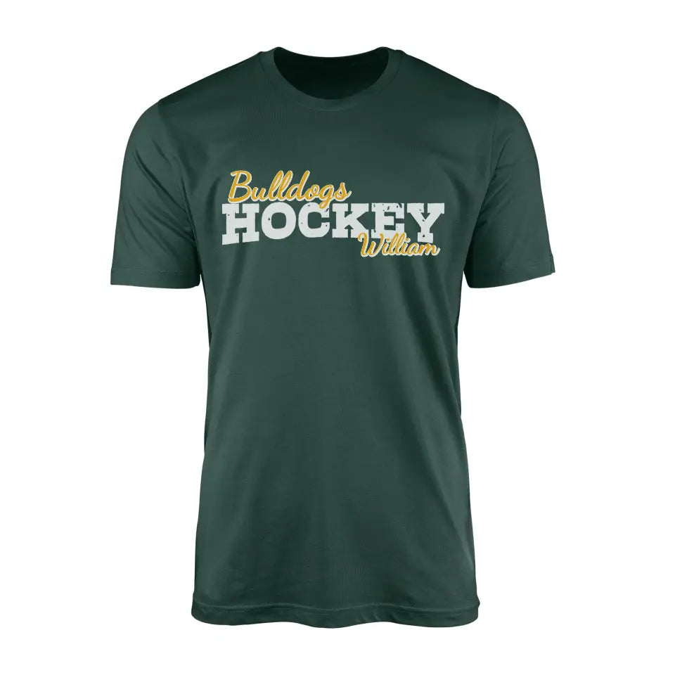 custom hockey mascot and hockey player name on a mens t-shirt with a white graphic