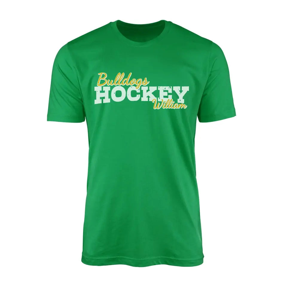 custom hockey mascot and hockey player name on a mens t-shirt with a white graphic