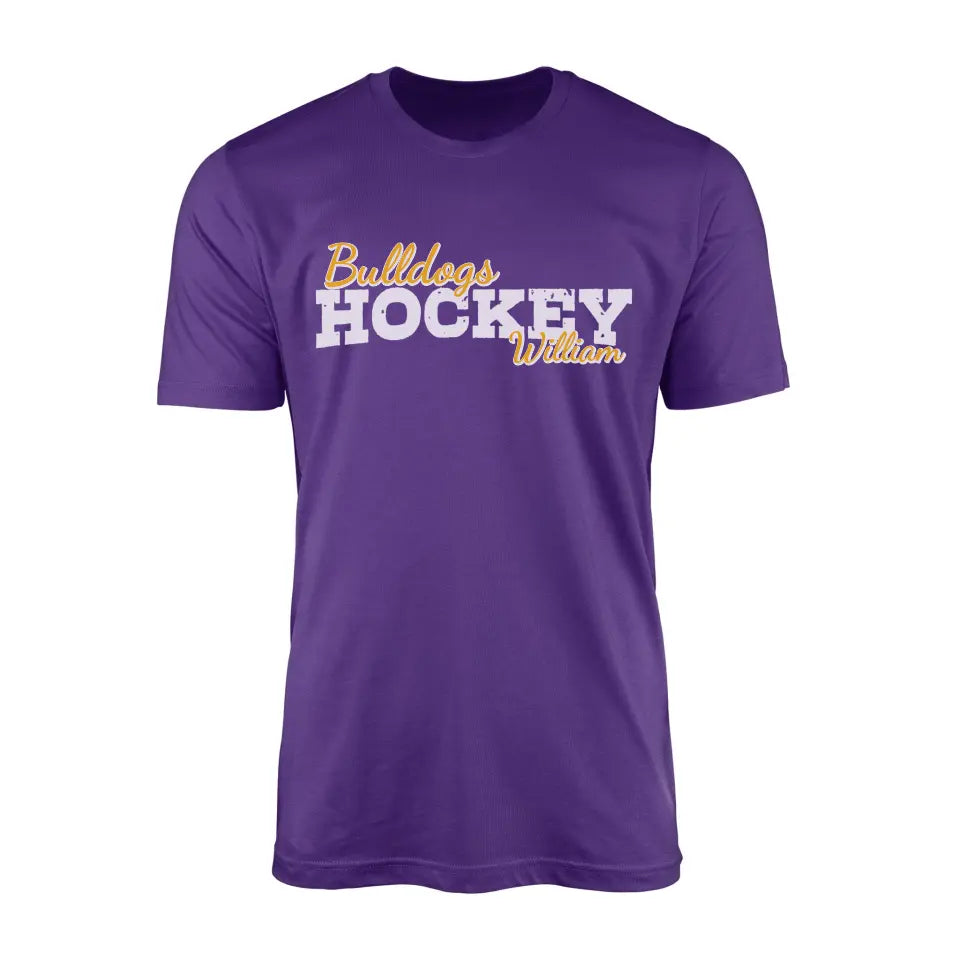 custom hockey mascot and hockey player name on a mens t-shirt with a white graphic