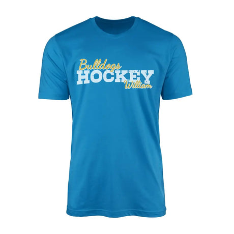 custom hockey mascot and hockey player name on a mens t-shirt with a white graphic