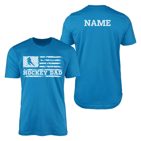 hockey dad horizontal flag with hockey player name on a mens t-shirt with a white graphic