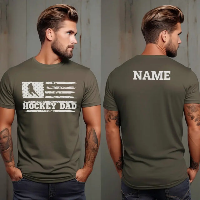 hockey dad horizontal flag with hockey player name on a mens t-shirt with a white graphic