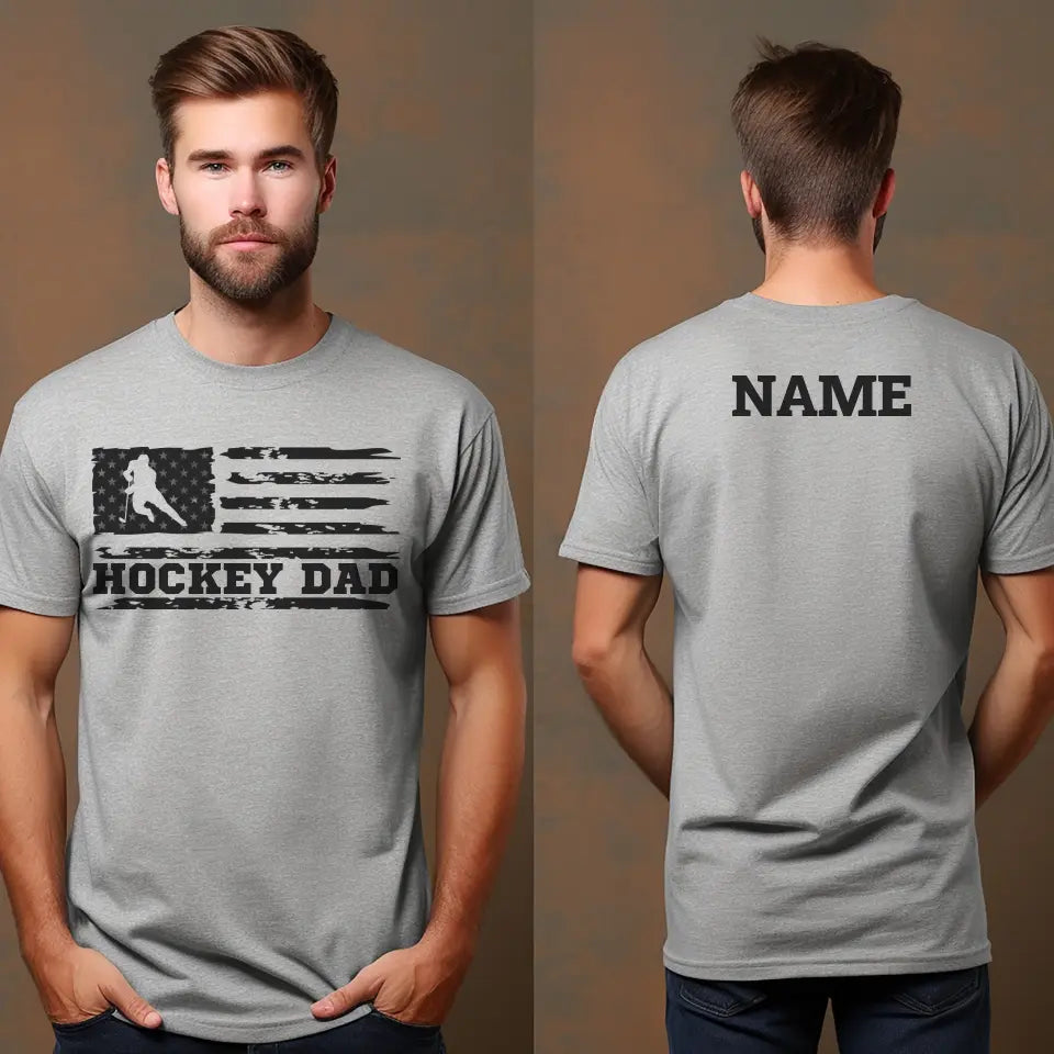 hockey dad horizontal flag with hockey player name on a mens t-shirt with a black graphic