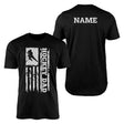 hockey dad vertical flag with hockey player name on a mens t-shirt with a white graphic