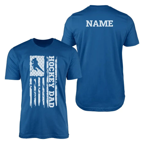 hockey dad vertical flag with hockey player name on a mens t-shirt with a white graphic