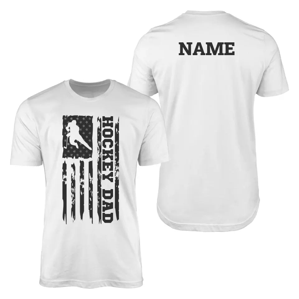 hockey dad vertical flag with hockey player name on a mens t-shirt with a black graphic
