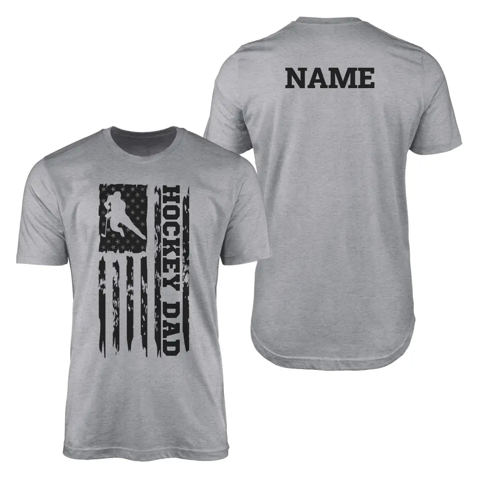 hockey dad vertical flag with hockey player name on a mens t-shirt with a black graphic