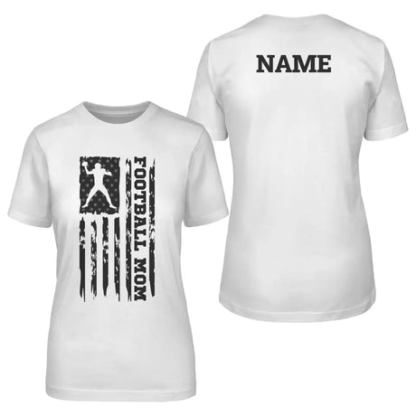 football mom vertical flag with football player name on a unisex t-shirt with a black graphic