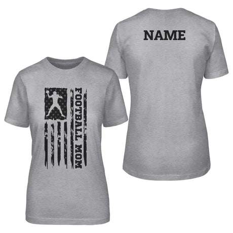 football mom vertical flag with football player name on a unisex t-shirt with a black graphic