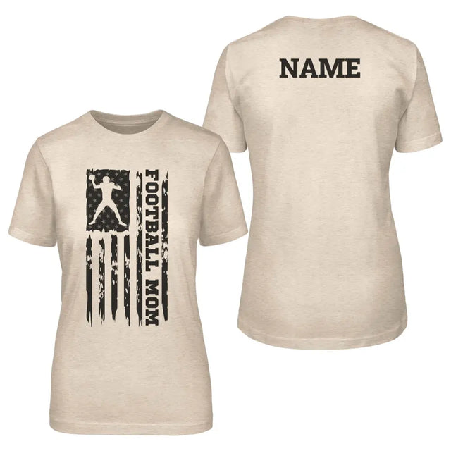 football mom vertical flag with football player name on a unisex t-shirt with a black graphic