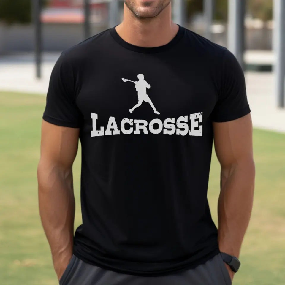 basic lacrosse with lacrosse player icon on a mens t-shirt with a white graphic