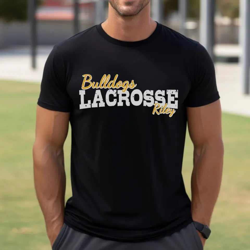 custom lacrosse mascot and lacrosse player name on a mens t-shirt with a white graphic