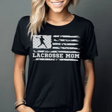 lacrosse mom horizontal flag on a unisex t-shirt with a white graphic