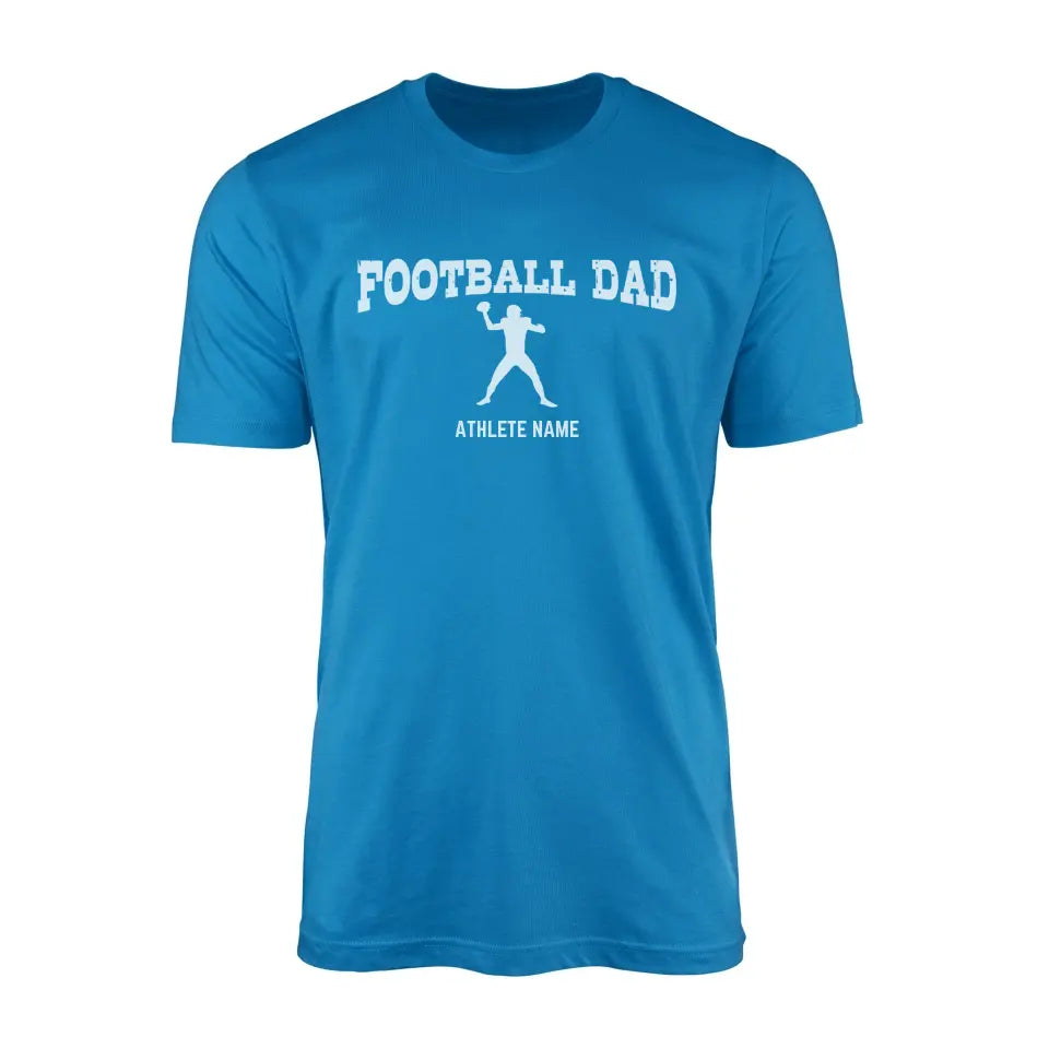 football dad with football player icon and football player name on a mens t-shirt with a white graphic