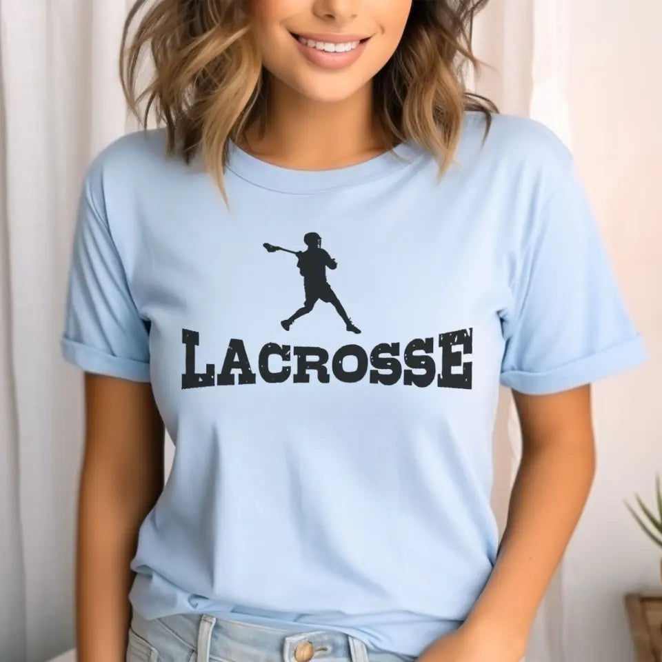 basic lacrosse with lacrosse player icon on a unisex t-shirt with a black graphic