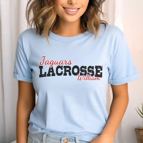 custom lacrosse mascot and lacrosse player name on a unisex t-shirt with a black graphic