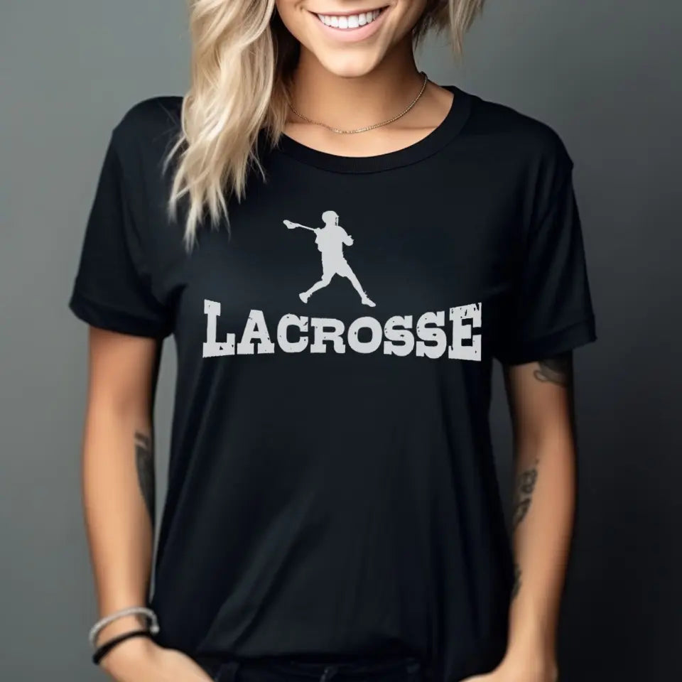 basic lacrosse with lacrosse player icon on a unisex t-shirt with a white graphic