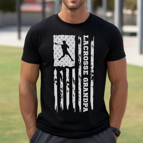 lacrosse grandpa vertical flag on a mens t-shirt with a white graphic