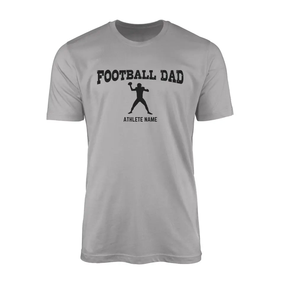 football dad with football player icon and football player name on a mens t-shirt with a black graphic