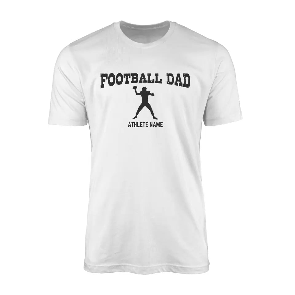 football dad with football player icon and football player name on a mens t-shirt with a black graphic