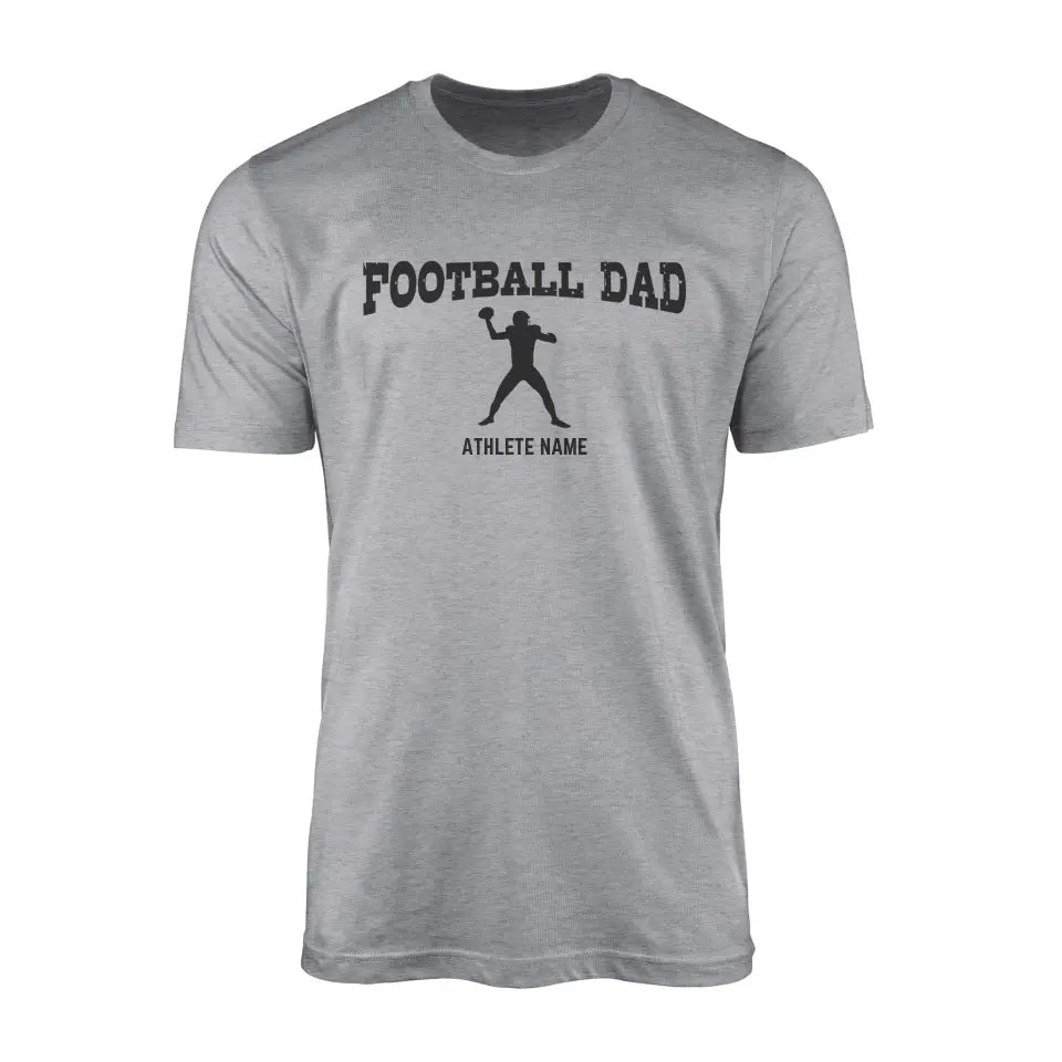 football dad with football player icon and football player name on a mens t-shirt with a black graphic