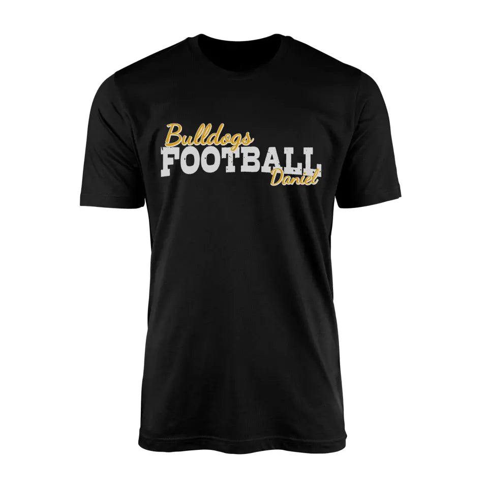 custom football mascot and football player name on a mens t-shirt with a white graphic