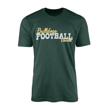 custom football mascot and football player name on a mens t-shirt with a white graphic