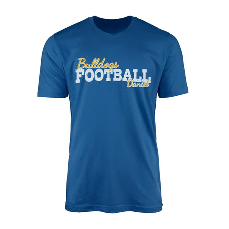 custom football mascot and football player name on a mens t-shirt with a white graphic