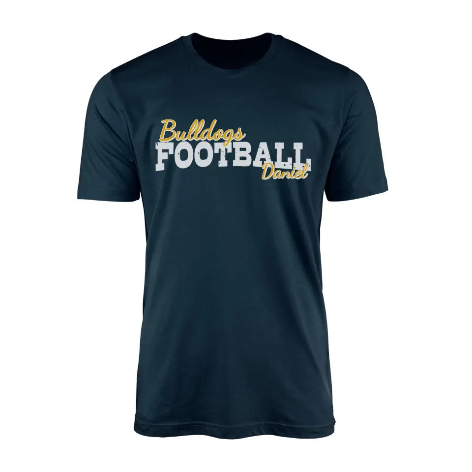 custom football mascot and football player name on a mens t-shirt with a white graphic