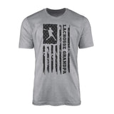 lacrosse grandpa vertical flag on a mens t-shirt with a black graphic