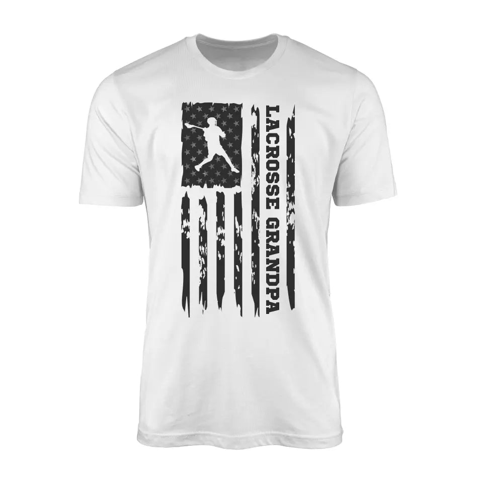 lacrosse grandpa vertical flag on a mens t-shirt with a black graphic