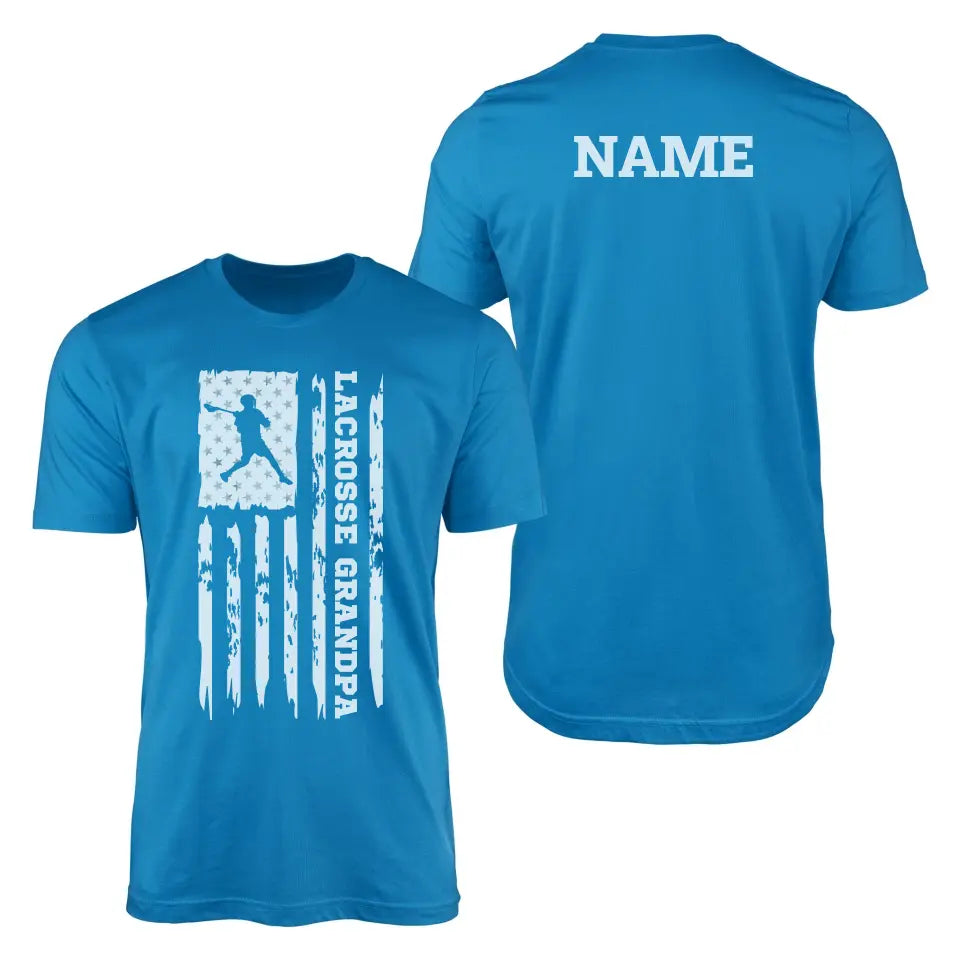 lacrosse grandpa vertical flag with lacrosse player name on a mens t-shirt with a white graphic