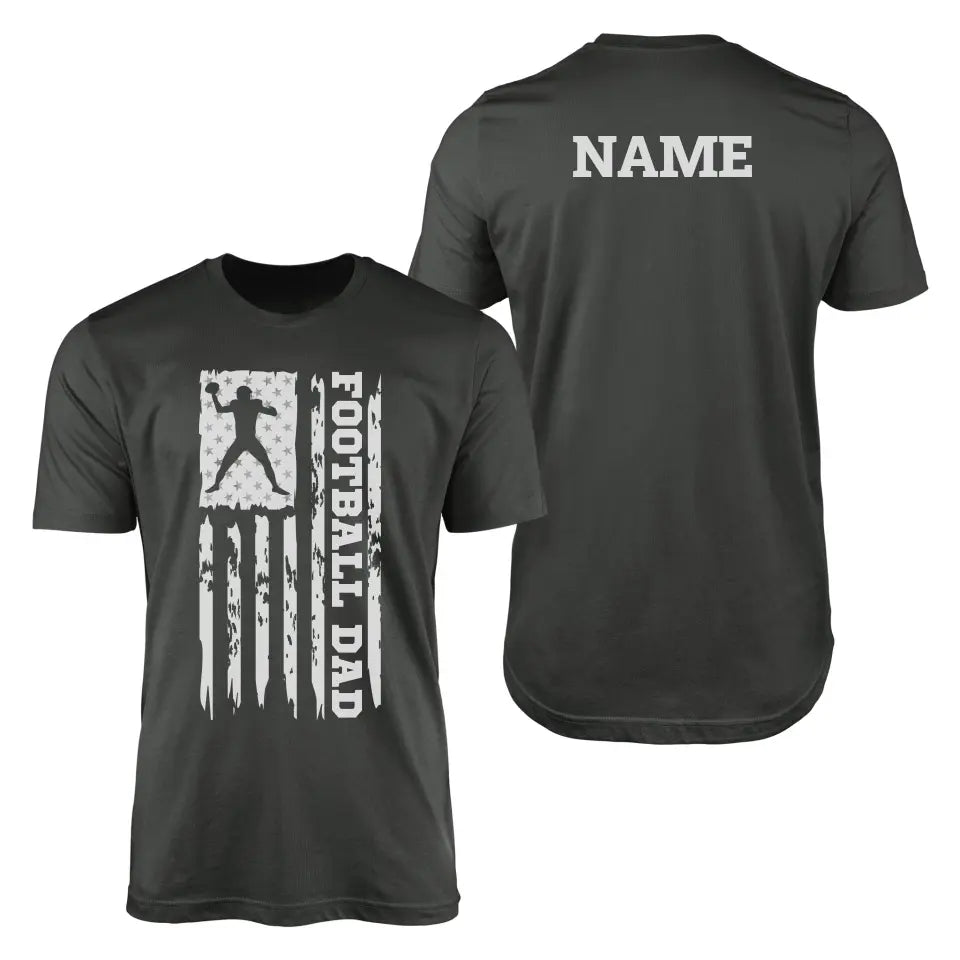 football dad vertical flag with football player name on a mens t-shirt with a white graphic