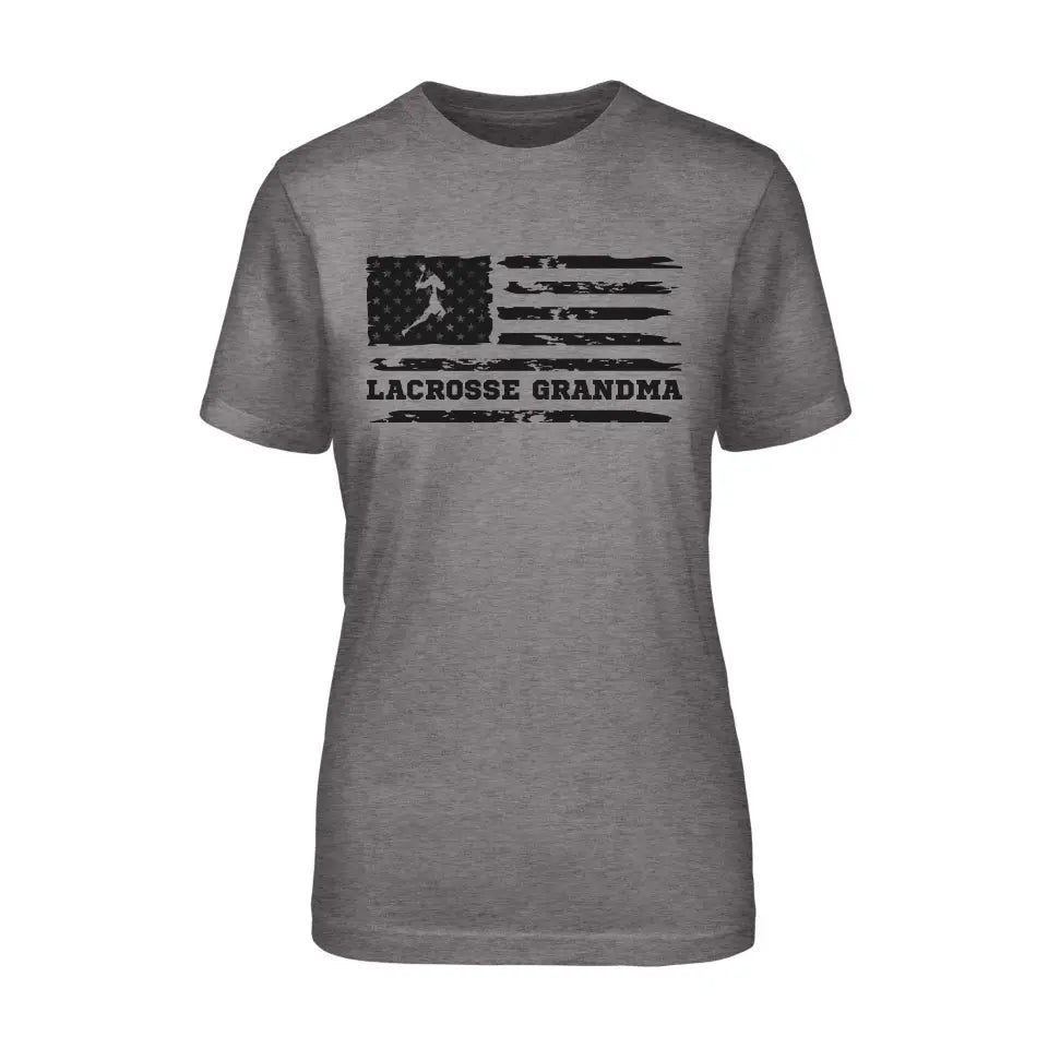 lacrosse grandma horizontal flag on a unisex t-shirt with a black graphic